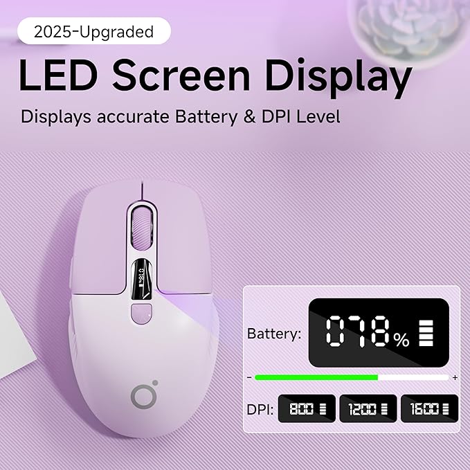 EWEADN Q1 Wireless Mouse, BT & 2.4G Silent Mouse Quiet Click with 1600 DPI Levels, Battery & DPI LED Screen Display, 6 Button Small Portable Bluetooth Mouse for Laptop/PC/Mac-Purple