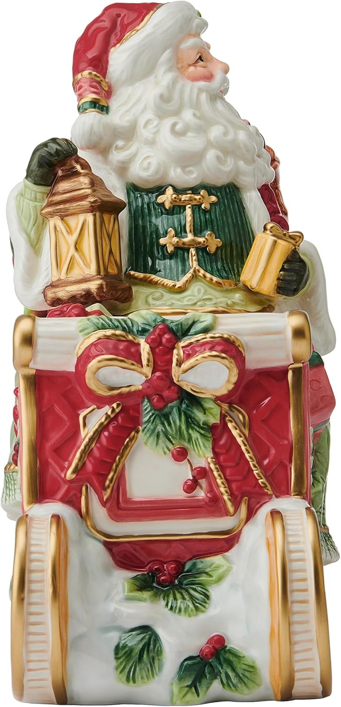Fitz and Floyd Santa Crimson Holiday Ceramic Cookie Jar, Christmas Treat Kitchen Countertop Storage Jar with Removable Lid, 10 Inch