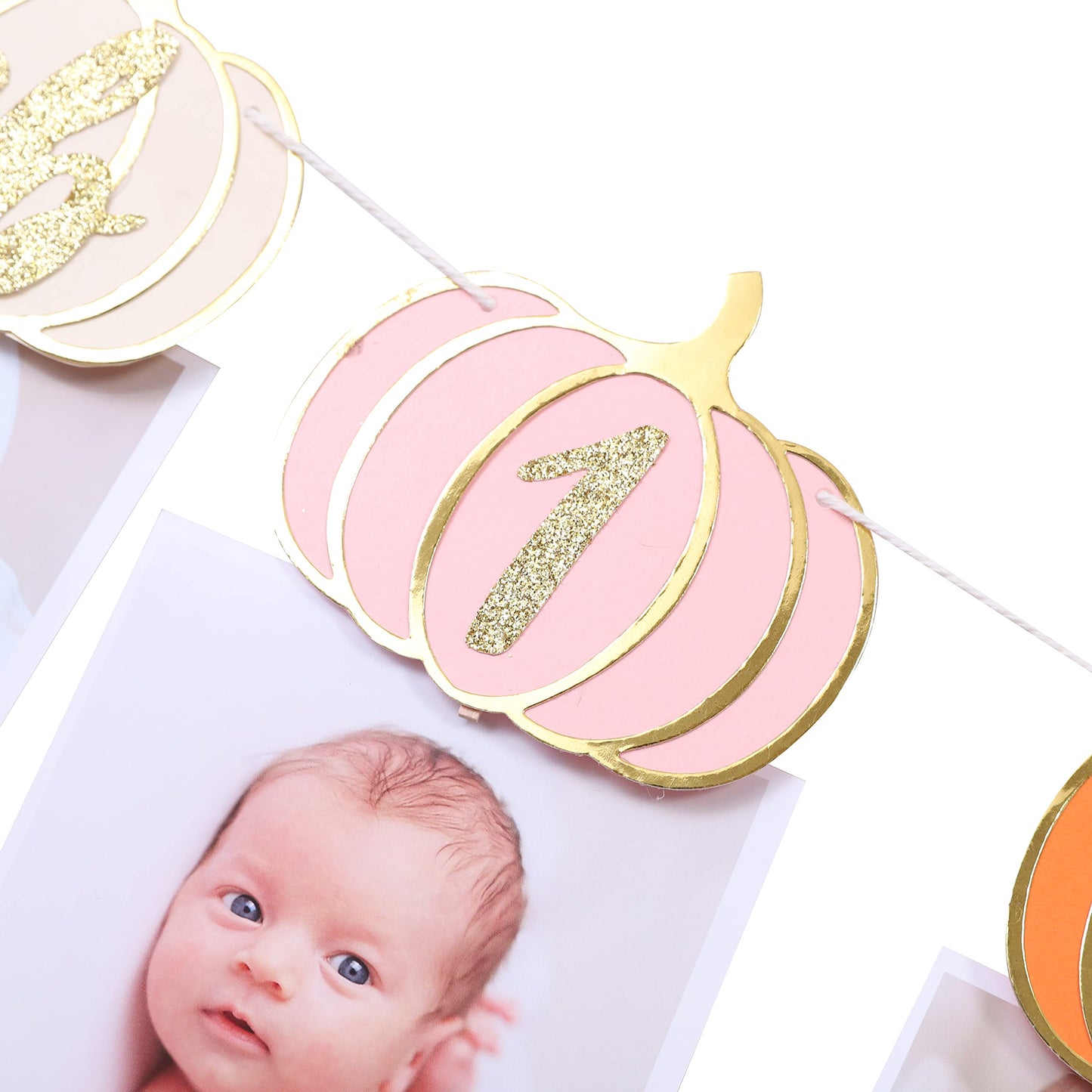 Pumpkin 1st Birthday Monthly Photo Banner for Baby Girls - Newborn to 12 Month Milestone, Pink Orange and Gold - First Birthday Decorations for Girl
