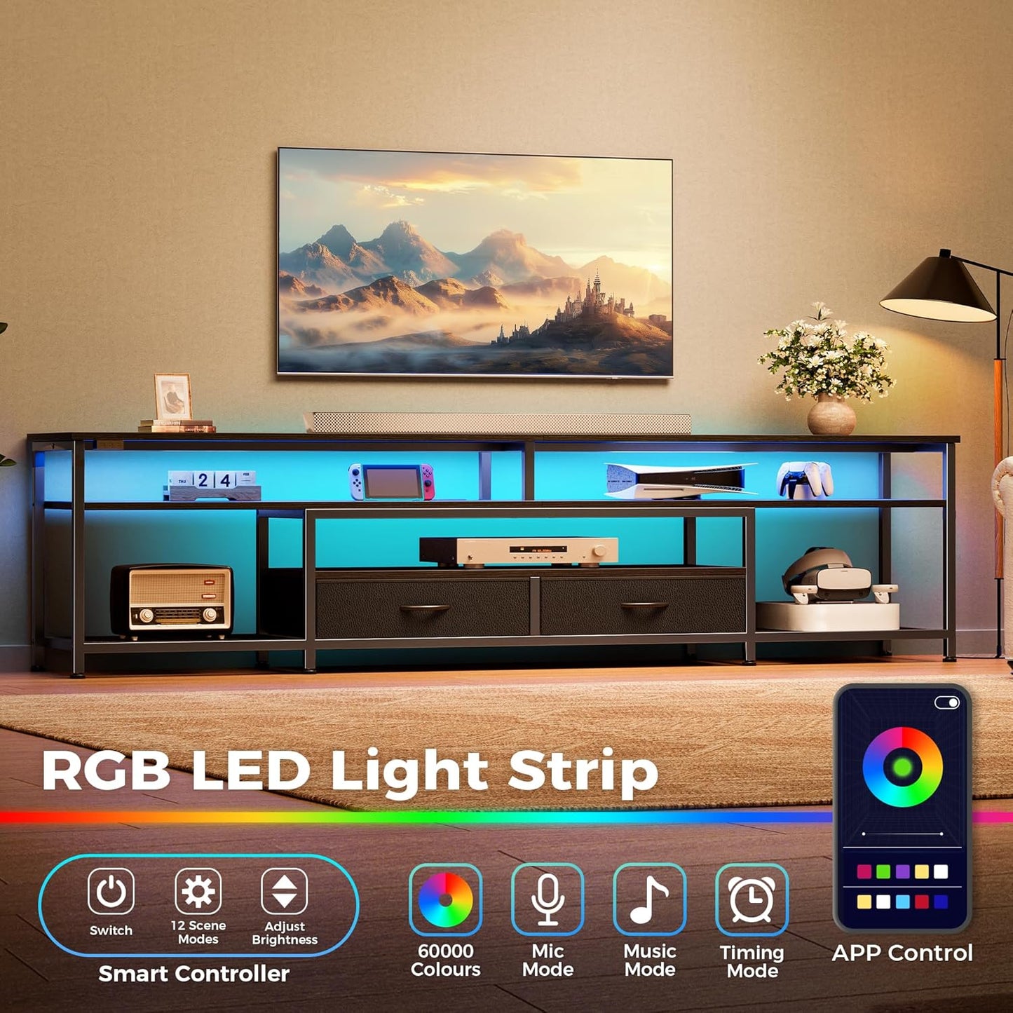 Huuger 79 Inch TV Stand for 85, 90 Inch TV, Entertainment Center with LED Lights and Power Outlets, TV Console with Drawers, Shelves, Type C, PU Leather Surface, for Living Room, Black