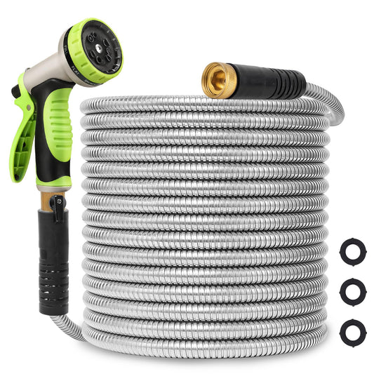 Svansea Metal Garden Hose 75ft Stainless Steel Hose Heavy Duty Flexible Water Hose with 10 Way Spray Nozzle 3/4 Solid Brass Fittings-Outdoor Yard Lightweight No Kink Leak Resistant Water Pipe