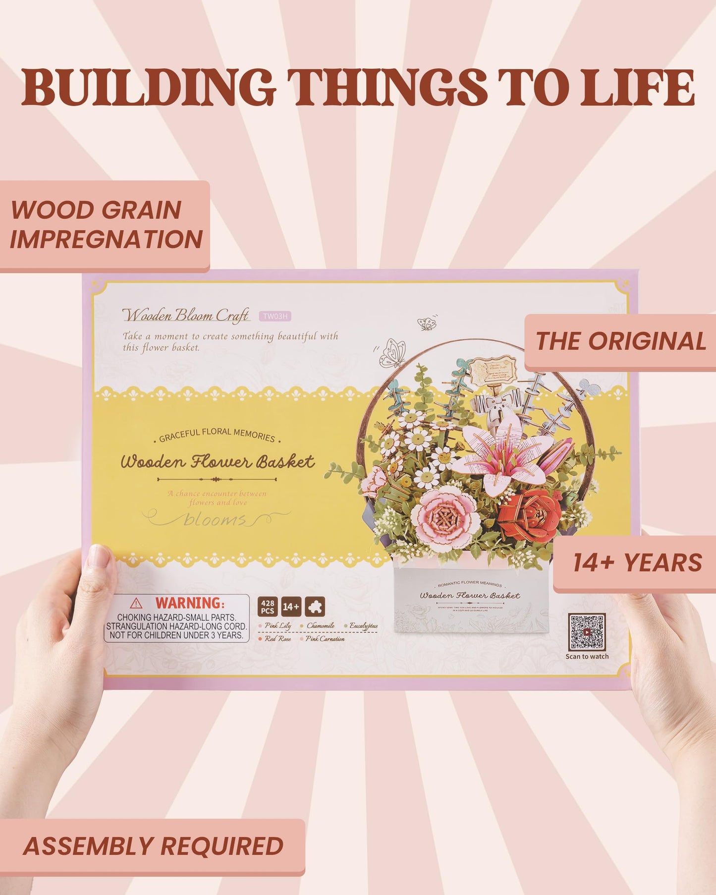 ROBOTIME 3D Wooden Puzzles for Adults, TW03H Wooden Flower Basket Craft Kit, Artificial Flowers Handheld Gift Box, Unique Gift for Birthday/Holidays/Homewarming