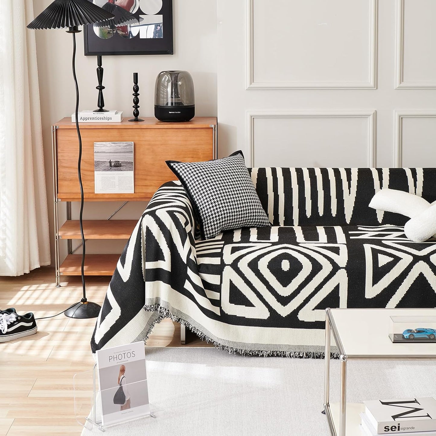 HANDONTIME Boho Sofa Covers for Dogs Black Couch Sofa Covers for 3 Cushion Couch Sofa Beige Chenille Sofa Slipcover Washable Sectional l Shaped Covers Pets Protector Furniture Covers 71" X118"