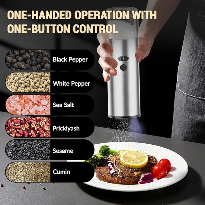 [Upgraded Larger Capacity]Electric Salt and Pepper Grinder Set, USB Rechargeable Automatic Salt and Pepper Shakers Sets with Visual Power Reminder, 4oz Large Capacity with Adjustable Coarseness