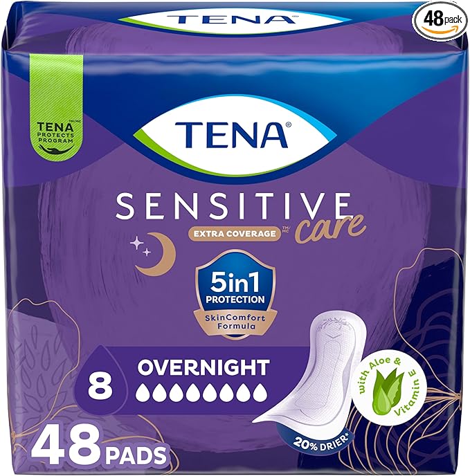 Tena Sensitive Care Incontinence Pads, Bladder Control, Postpartum for Women, Overnight Absorbency, Extra Coverage, 48 Count