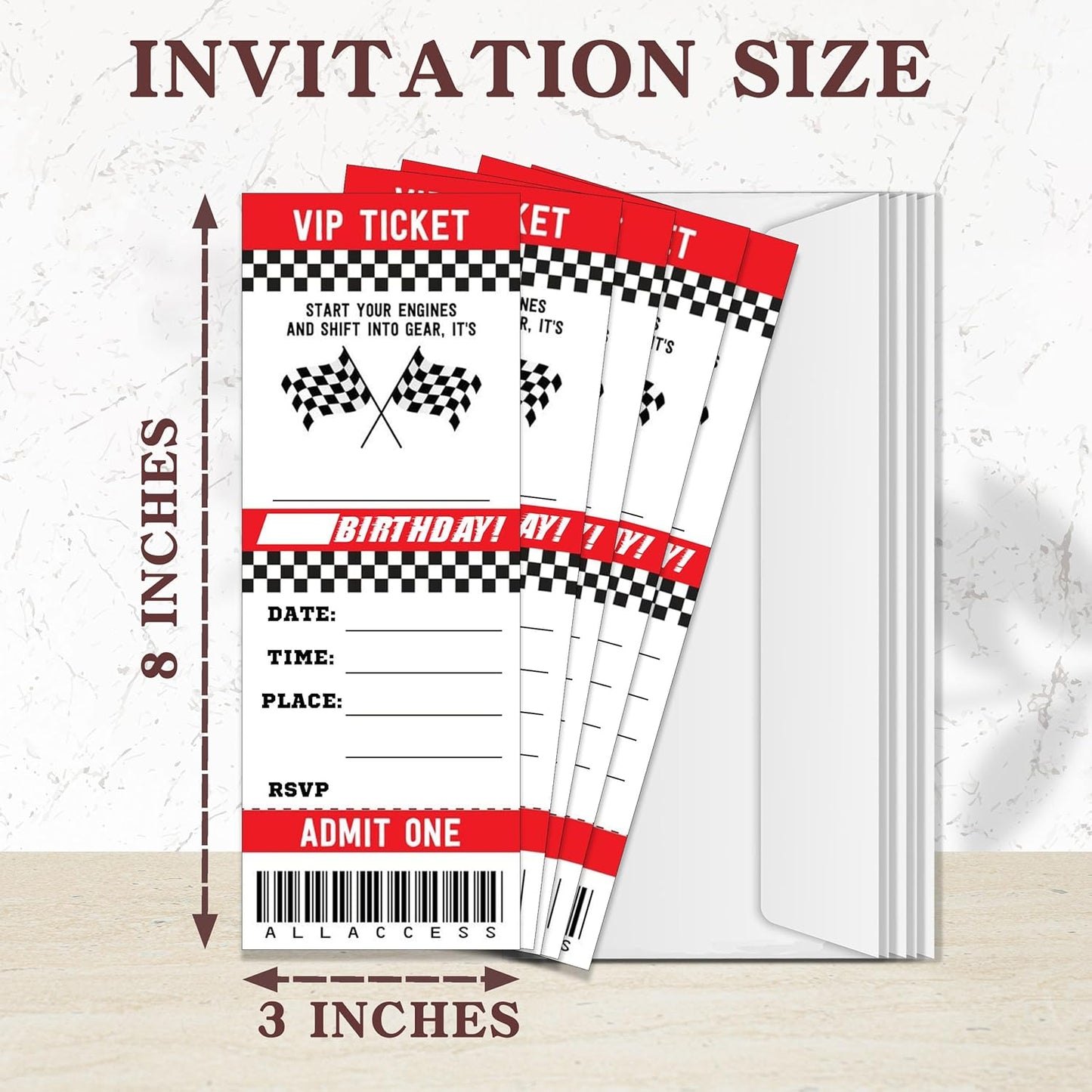 Start Your Engines Birthday Invitation with Envelopes-20 Racing Ticket Invite Cards for Racing Lovers Boys-Black and Red Birthday Cards-Party Favor & Supplies (3×8 inch)-A29