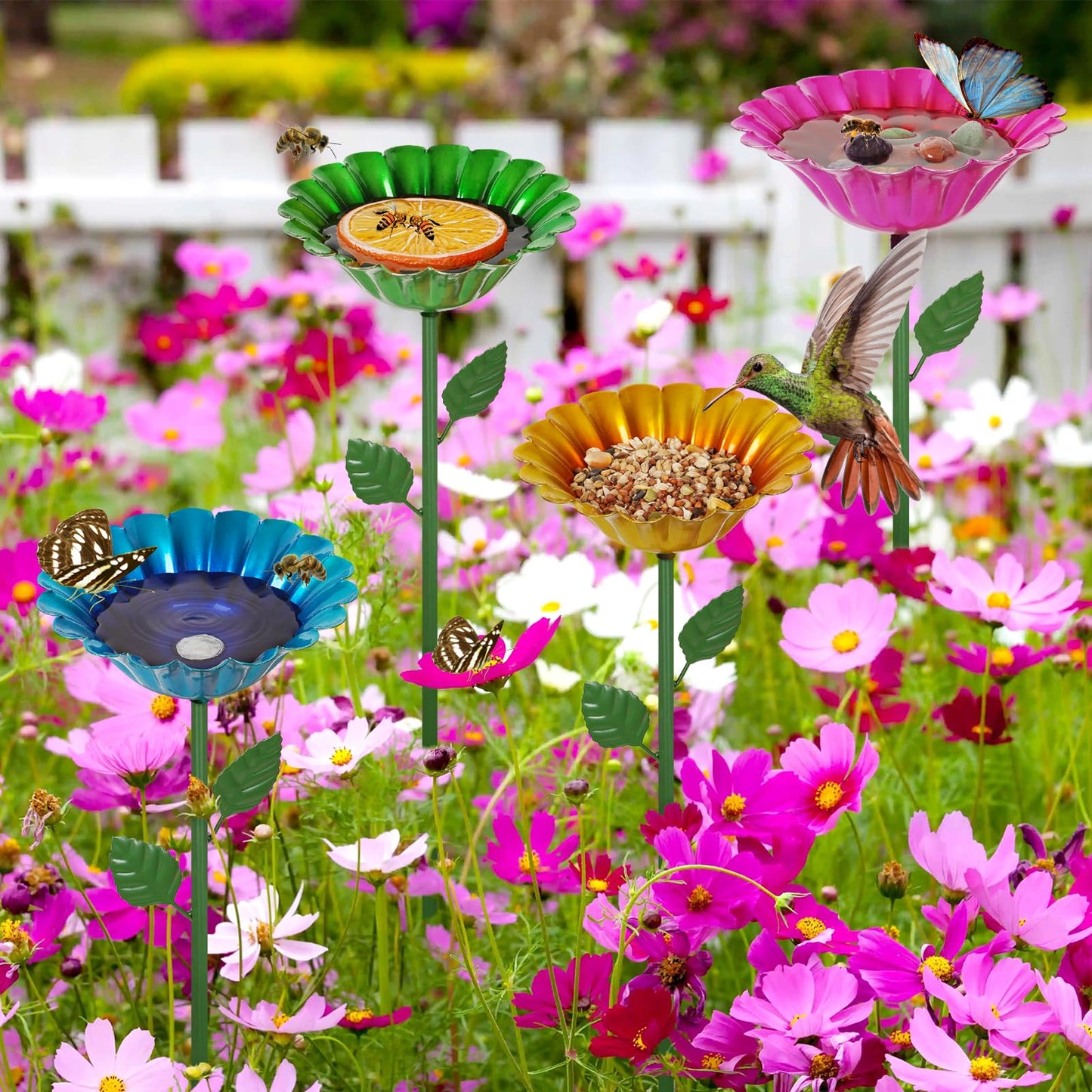 Retyion Large Bee Watering Station, 4 Pack Small Bird Bath for Outside, Metal Butterfly Feeders Bowl with 5.32'' Flower Design Bee Bath for Garden Decor (Classic-Flower 4-Pack)