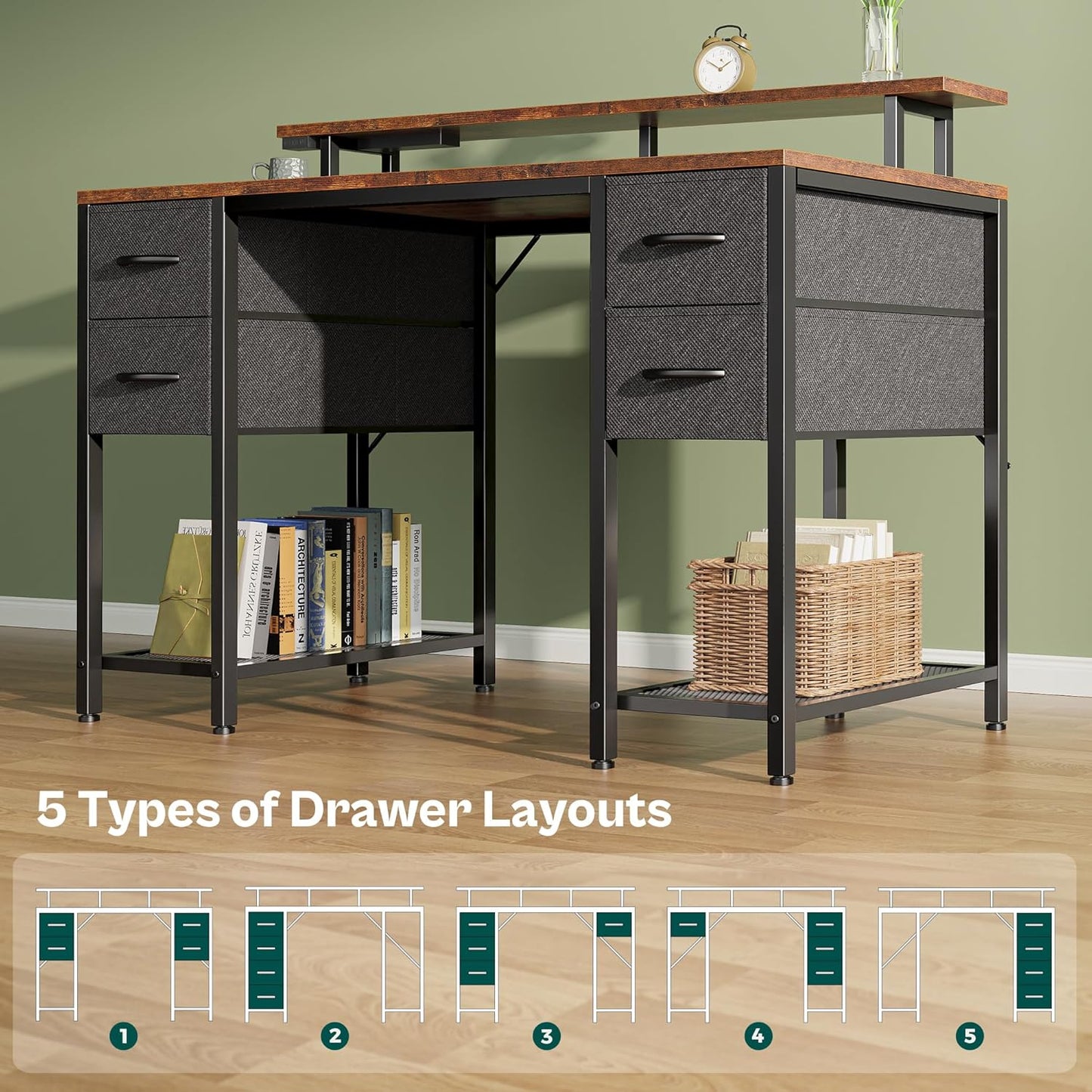 Huuger 47 inch Computer Desk with 4 Drawers, Gaming Desk with LED Lights & Power Outlets, Home Office Desk with Large Storage Space for Bedroom, Work from Home, Rustic Brown and Black