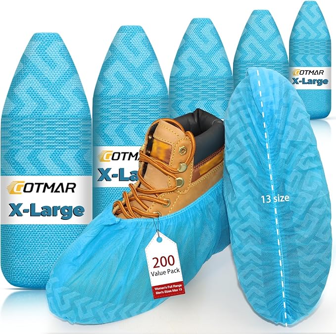 X-Large 200 Pack Breathable Shoe Covers Disposable for Indoors - Reusable Non-Slip Blue Booties, Fits Up to Men’s Size 13, Ideal for Home, Office & Travel, Doubles as Travel Shoe Bags