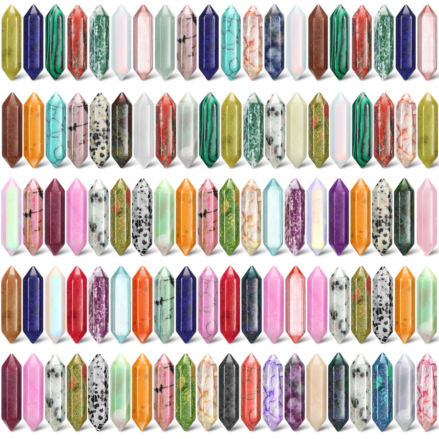 Nuenen 100 Pcs Healing Crystals Stones Sets, Hexagonal Bullet Shaped Wand Stones Bulk Gemstone Amethyst Chakra Crystals for Witchcraft Meditation Divination Mothers Day Gifts Women