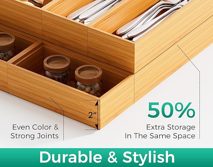 Bamboo Kitchen Drawer Organizer Boxes – 14" x 5" Stackable Wood Silverware Utensil Tray for Drawers, Cutlery & Flatware Storage – Wooden Organizers Set of 2 for Junk Drawer Bins, Bathroom, RV