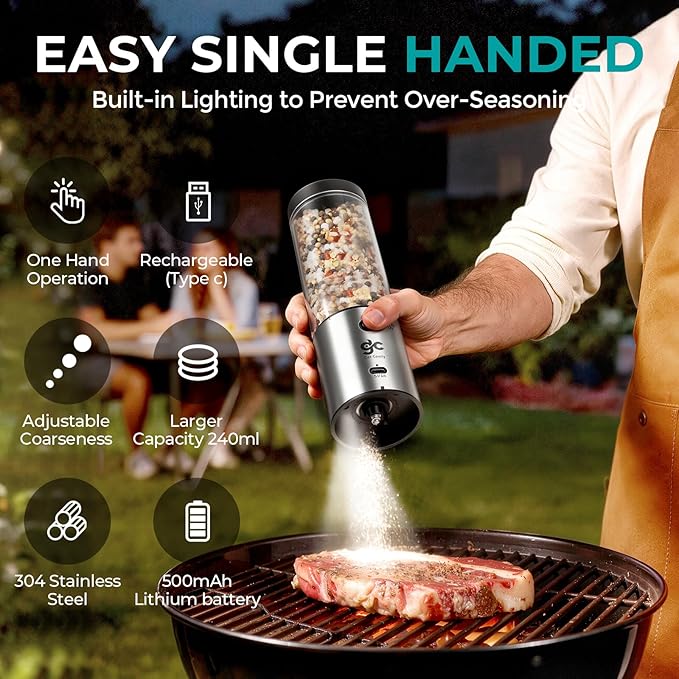 Electric Salt & Pepper Grinder Set One-Handed Automatic Pepper Mill with LED Light Adjustable Coarseness Large-Capacity Refillable Mill Durable Ceramic Core Battery Powered Seasoning Grinder for Home