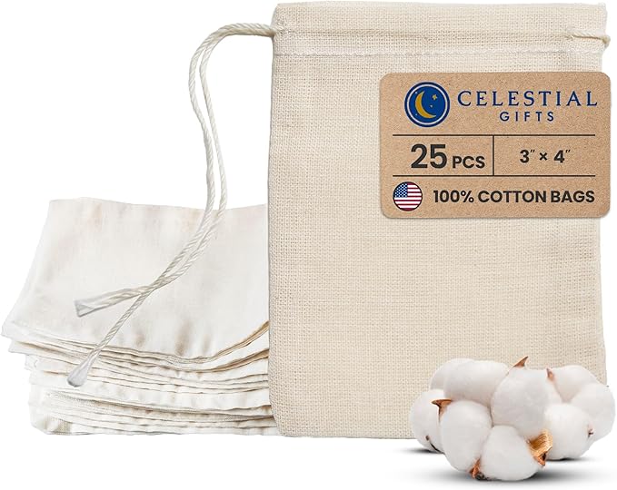Celestial Gifts Muslin Drawstring Bags - 25pcs, 3x4, Reusable for Tea, Jewelry, Spice and Cotton Gift Sachets - 100% Cotton - Made in USA - Natural Hem & Drawstring