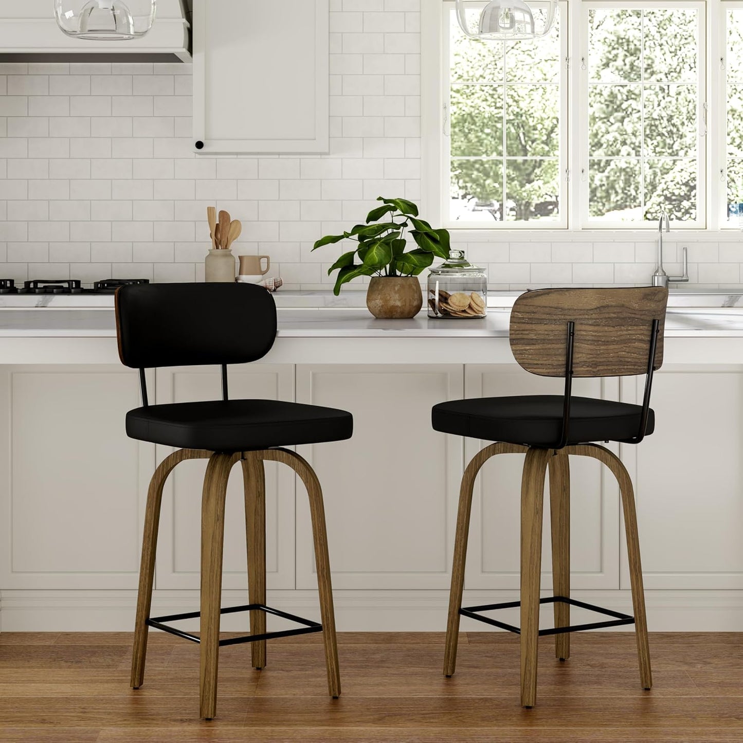 Swivel Counter Height Bar Stools with Back Set of 2, 26" Faux Leather Kitchen Bar Stools with Wood Legs and Metal Footrest for Kitchen Island (Black PU)