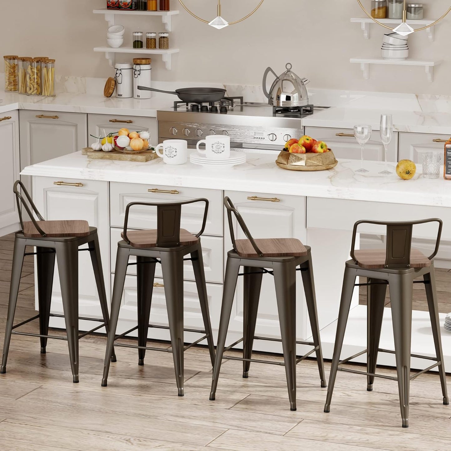 26 Inch Swivel Bar Stools Set of 4 with Backs Counter Height Industrial Metal Barstools Island Bar Chairs for Home Kitchen Dining Room (Swivel 26 inch,Rusty Wooden)