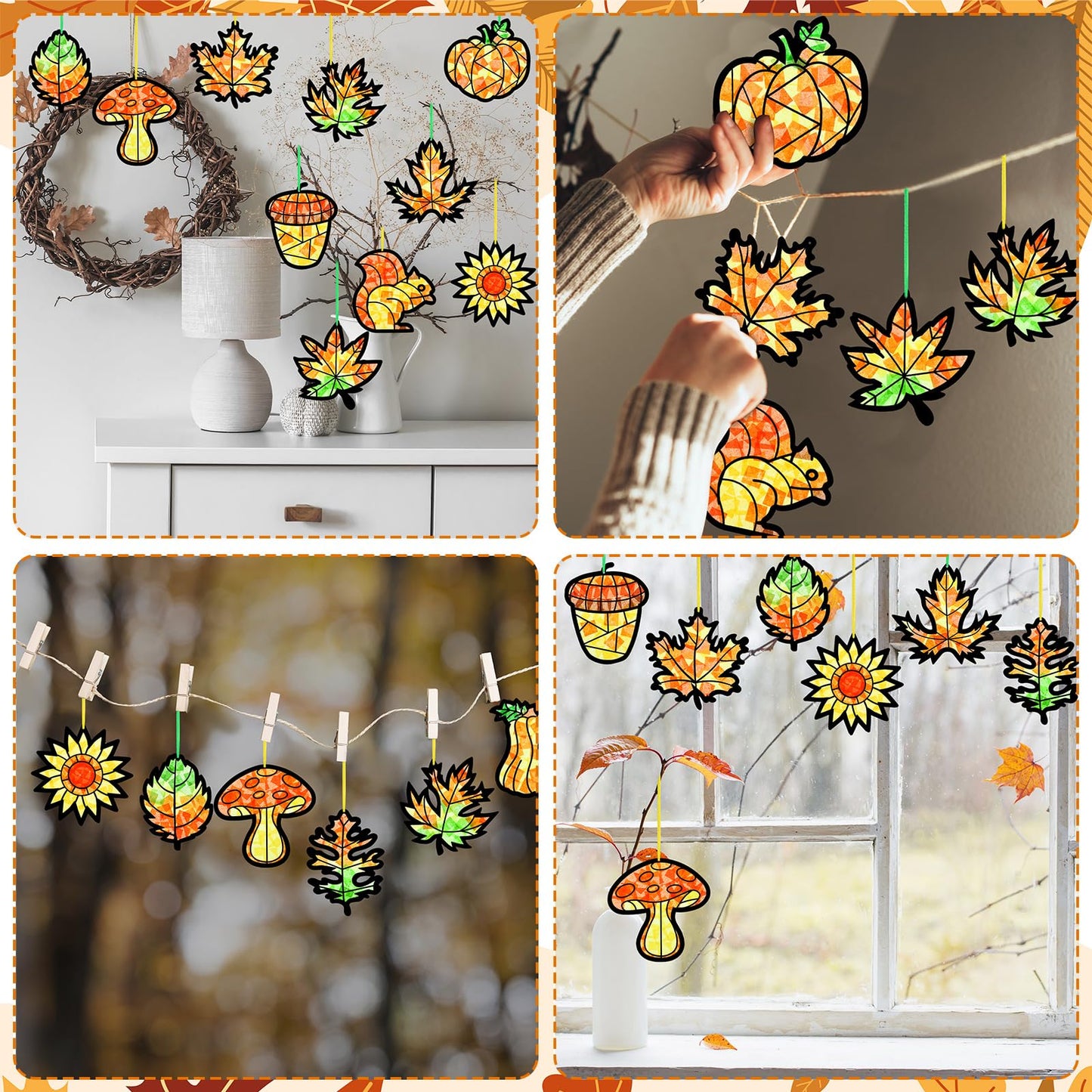 AmazingSpark 36 Set Thanksgiving Harvest Fall Suncatcher Paper Crafts Kit DIY Autumn Leaf Pumpkin Stained Glass Effect Tissue Paper Hanging Suncatchers Decor for Autumn Festival Art Party Supplies