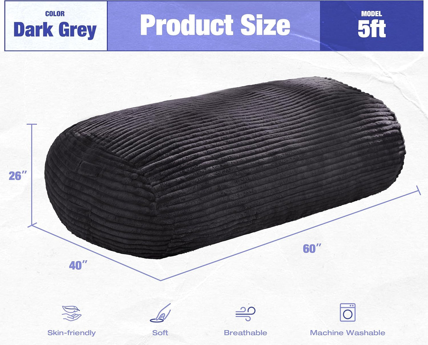 Hobestluk 5FT Bean Bag Chairs Adult Bean Bag with Portable Handle Comfy Large Bean Bag Lounge Chair with Removable Cover for Living Room Bedroom (Stripe Dark Grey, 5FT)