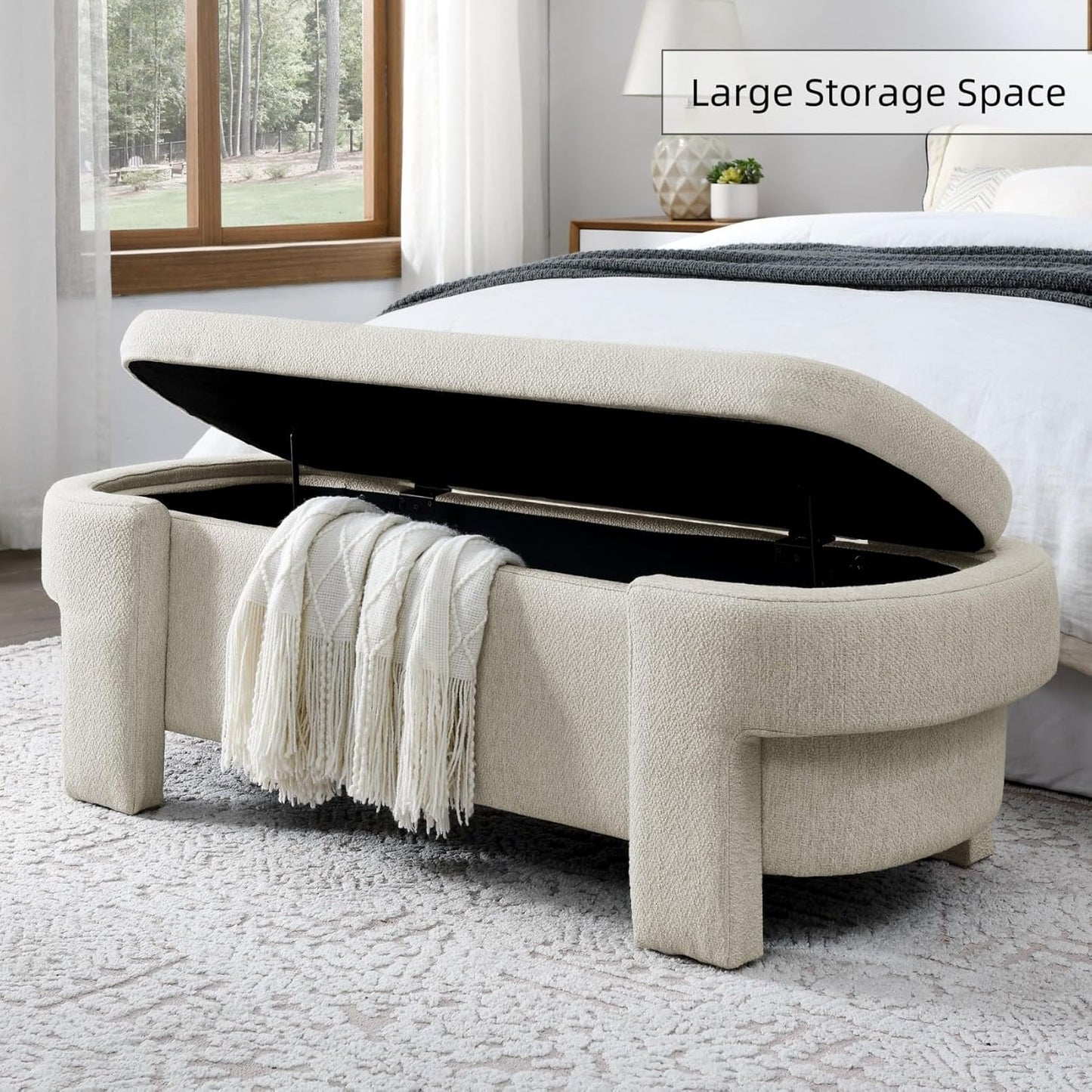 KEIKI 51" Linen Ottoman Bench with Large Storage Space, Upholstered Seating Foot Rest Stool Furniture for Bedroom, Living Room, Entryway, Beige