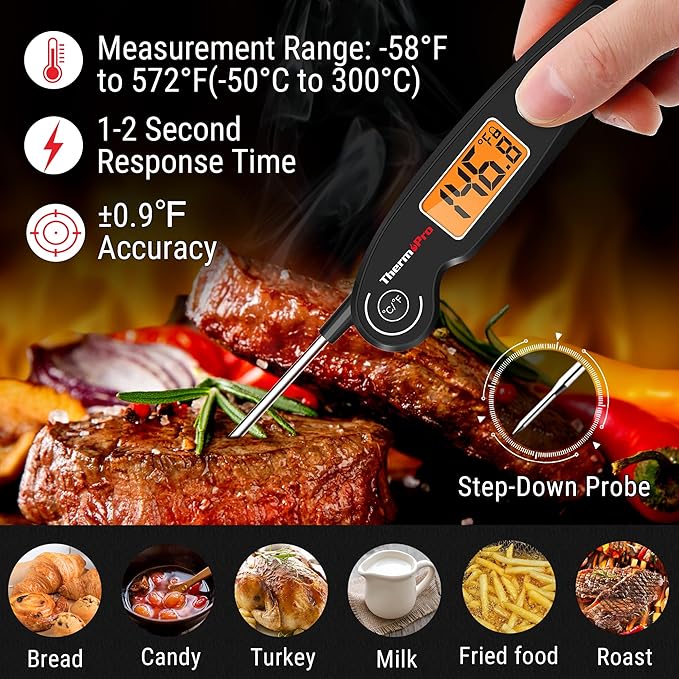 ThermoPro TP605 Instant Read Meat Thermometer Digital for Cooking, Waterproof Food Thermometer with Backlight & Calibration, Digital Probe Cooking Thermometer for Kitchen, Outdoor Grilling and BBQ