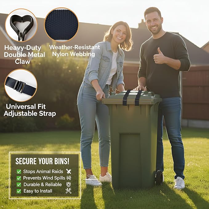 Premium 2X Trash Can Locks for Animals Universelle Garbage Straps Lid Wheelie Bin Locks Enclosure Cans Clips Out Raccoon Hide Outside Strap Resistant Security Critter Trashcan Deterrent