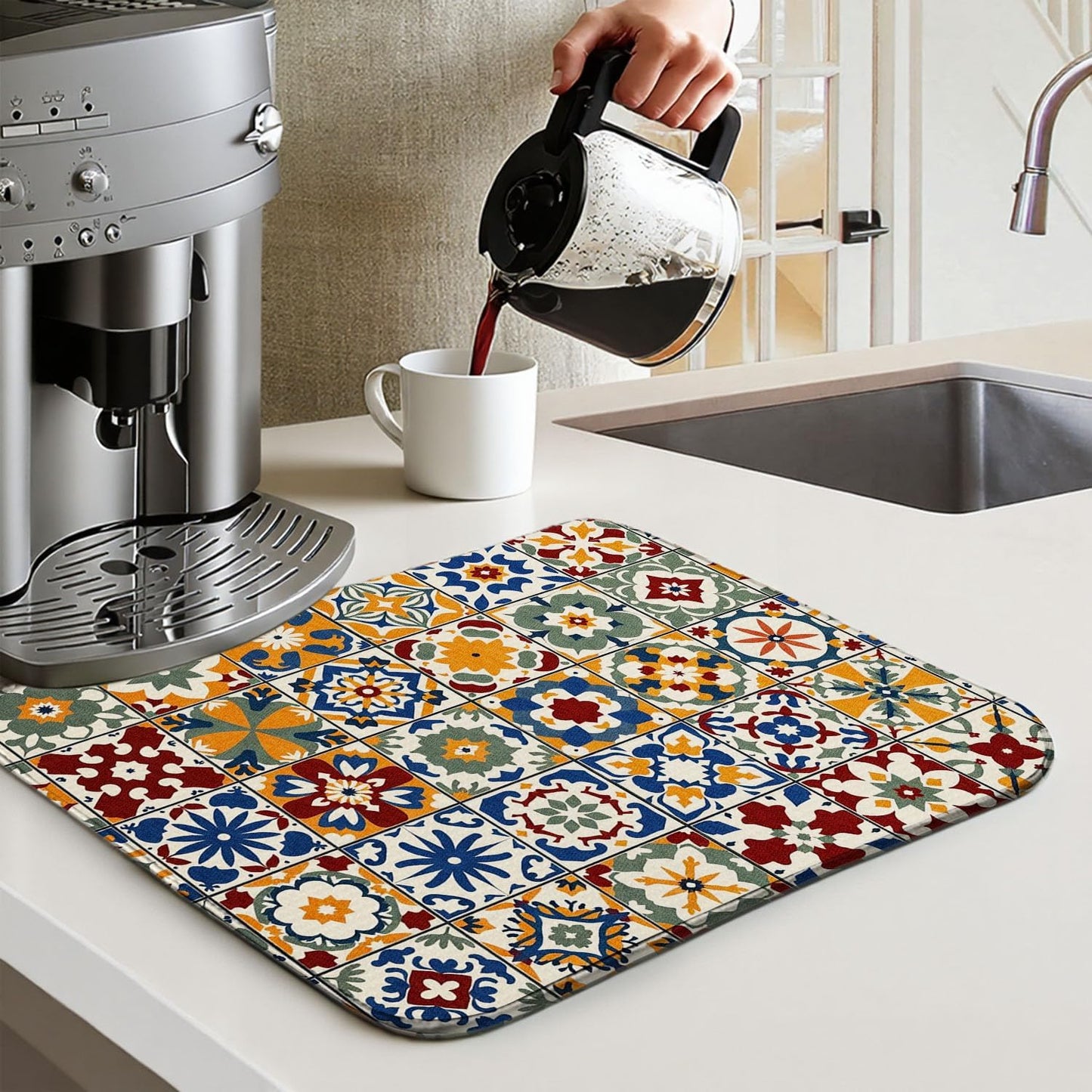 Mexican Tiles Drying Mat 16" X 18" Vintage Kitchen Counter Stone Dish Drying Mats For Kitchen Counter Xmas Drying Mats For Home Counter Drying Mats For Dishes Dish Table Mat Drying Mat