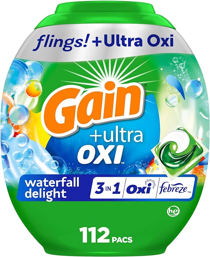 Gain Flings Ultra Oxi Laundry Detergent Pacs, 112 Count, Waterfall Delight Scent, with Odor Defense, concentrated laundry soap pacs