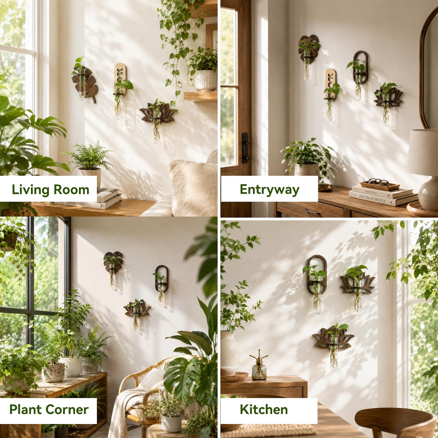 Artilady Plant Propagation Station 2 Pack Wall Hanging Plant Terrarium Holder with Test Tube Wood Window Planter Indoor Decor for Living Room Bedroom Kitchen (Leaves)