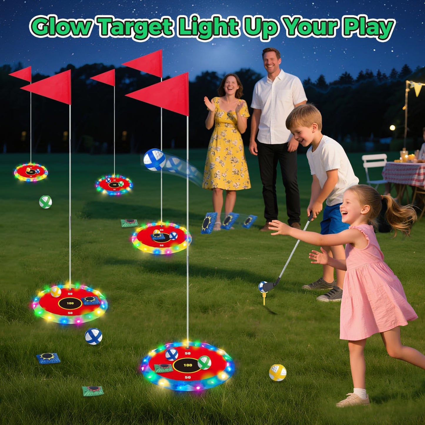 VATOS 2-in-1 Light up Golf for Kids- Golf Chipping Game & Bean Bag Toss with 6 LED Targets, 2 Clubs, 18 Balls, Night Golfs Play for Indoor Outdoor Party Yard Golfer Gifts Sports Toys for Kids 5-12