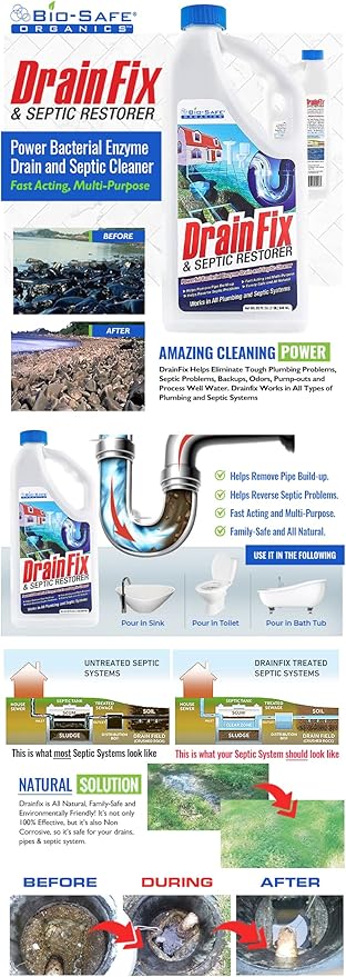 Drainfix & Septic Restorer 32 Oz Septic Tank Treatment | Drainfield Treatment | Septic Safe Drain Cleaner | Enzyme Drain Cleaner | Septic Cleaner | Exxon Valdez Patented - 3 Pack