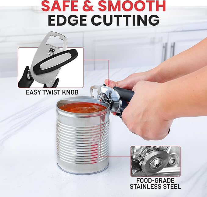 Zulay Kitchen Heavy Duty Stainless Steel Manual Can Opener – Ergonomic Soft Grip Handles, Smooth Edge Cutting Wheel & Large Built In Bottle Opener – Easy Turn Knob for Effortless Use - Black