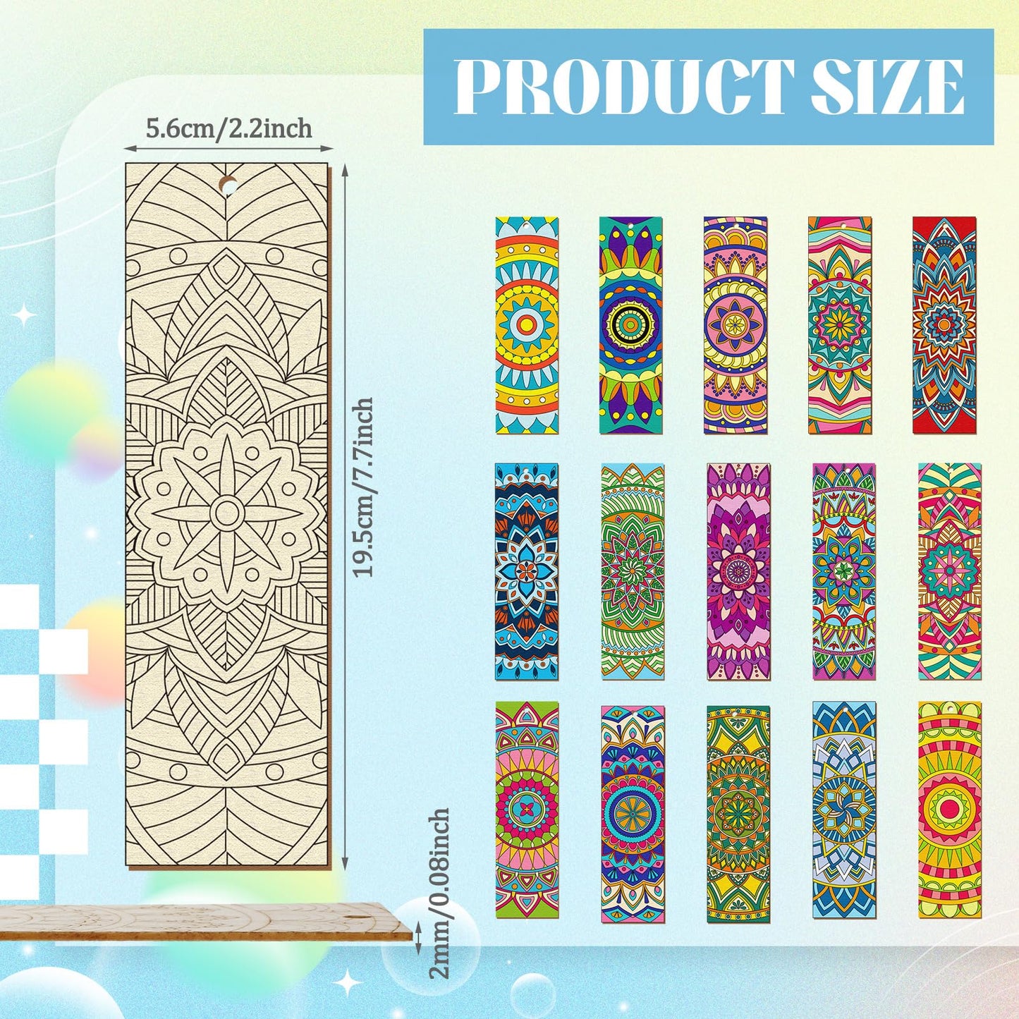 Reallnaive 42 Pcs Wooden Mandala Bookmarks DIY Painting Set Includes 15 Unfinished Blank Bookmarks 15 Tassels 12 Markers, for Mandala Gift Arts Craft Party for Adults Hobby