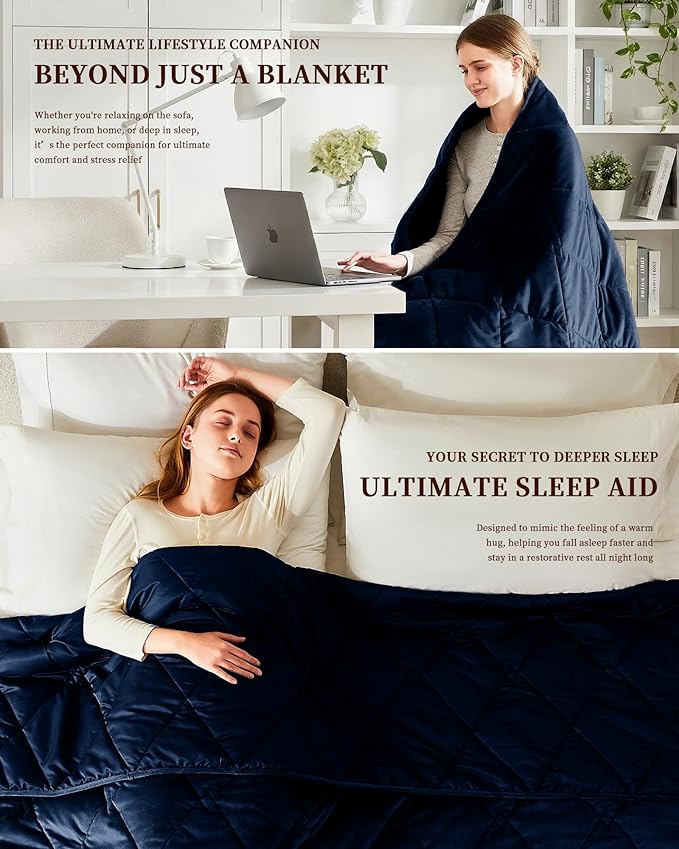 L'AGRATY Queen/King Size Weighted Blanket for Adults 30lbs, 80"x87" — Cooling Breathable Heavy Blanket with Beads for Sleeping Perfect for Hot Sleepers & Couples Machine Washable All-Season Navy Blue