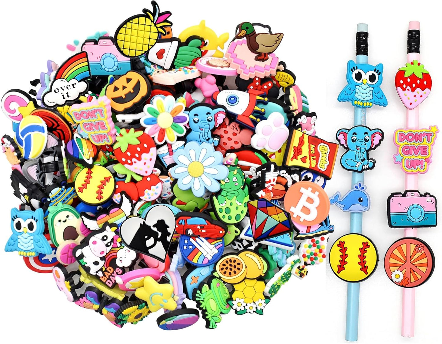 Papacharms Lot Random Different Decorative Pencil Toppers 105Pack Cute Cool Pencil Charms Clips Bulk PVC Pen Topper for School Prize Classroom Reward Student Gifts