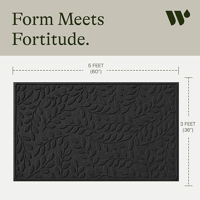 WaterHog Welcome Mat for Indoor/Outdoor, 3’ x 5’, Made in USA, Durable & Water-Resistant, Dirt Trapping Mat, Decorative Front Door and Entryway Rug, Brittney Leaf Design, Charcoal