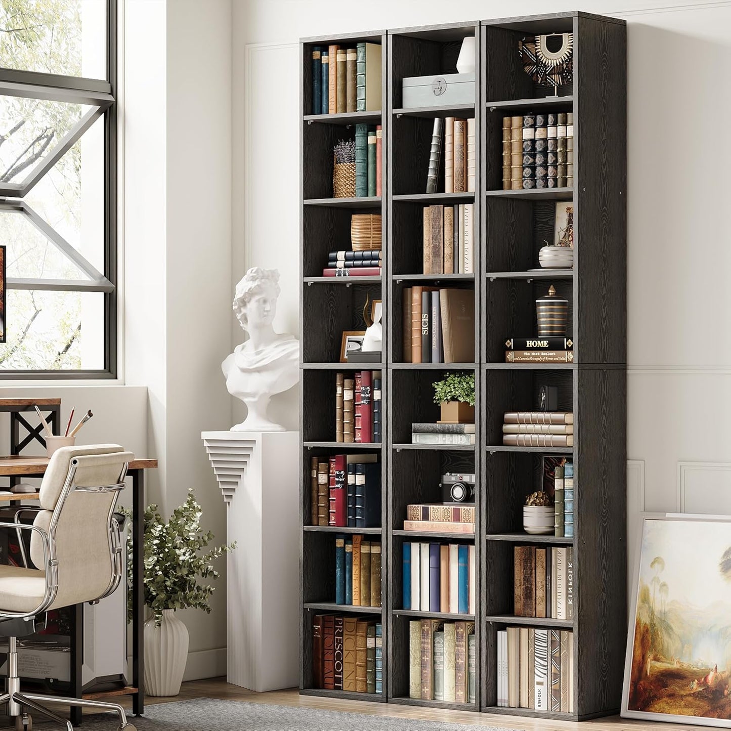 IRONCK Tall Narrow Bookshelf 8 Tiers, Compact Corner Bookcase, Easy to Match for Living Room, Office, Study, Bedroom, Vintage Black