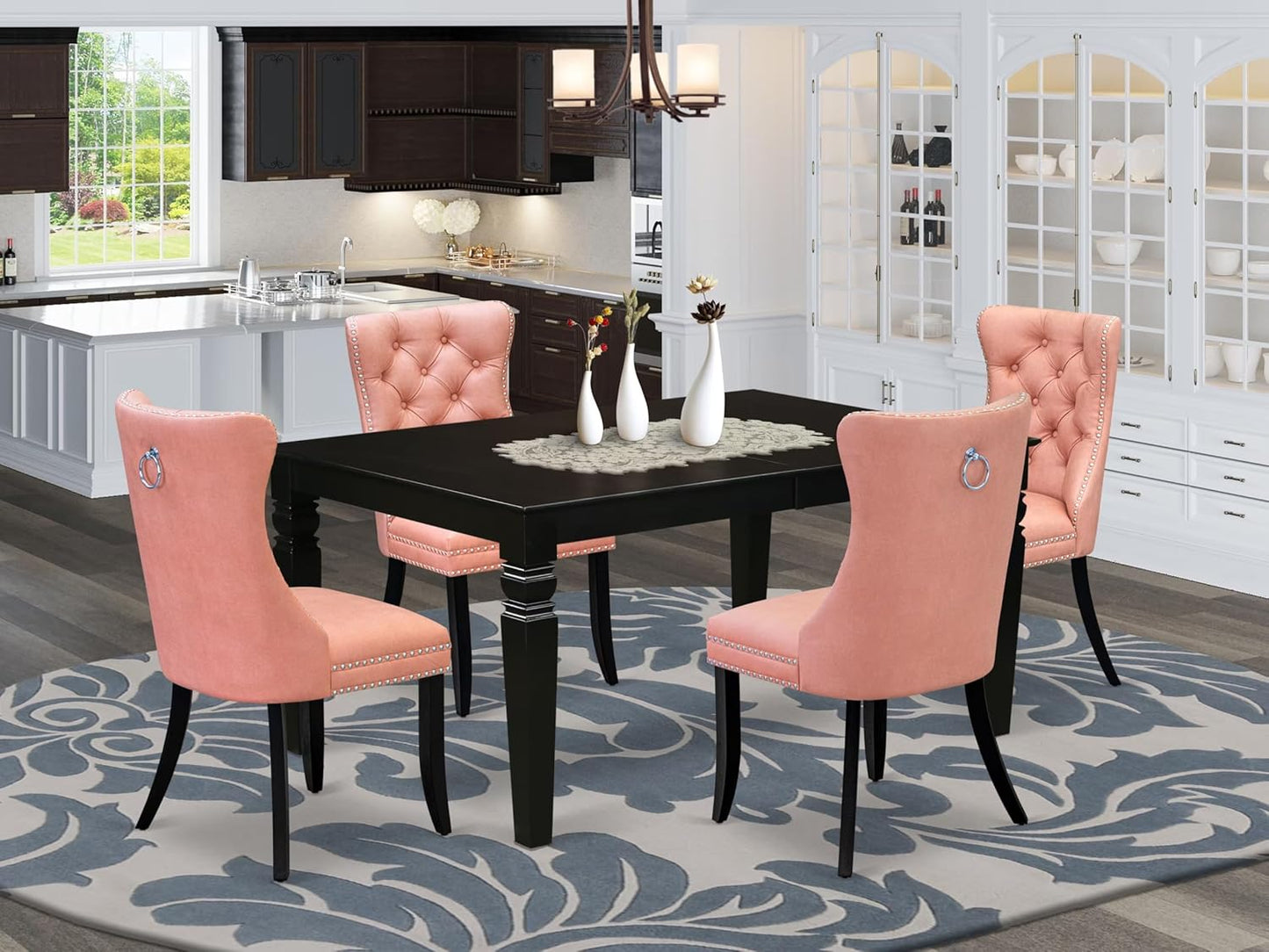 East West Furniture LGDA5-BLK-23 5 Piece Dinette Set Includes a Rectangle Dining Table with Butterfly Leaf and 4 Polyester Fabric Upholstered Chairs, 42x84 Inch, Black