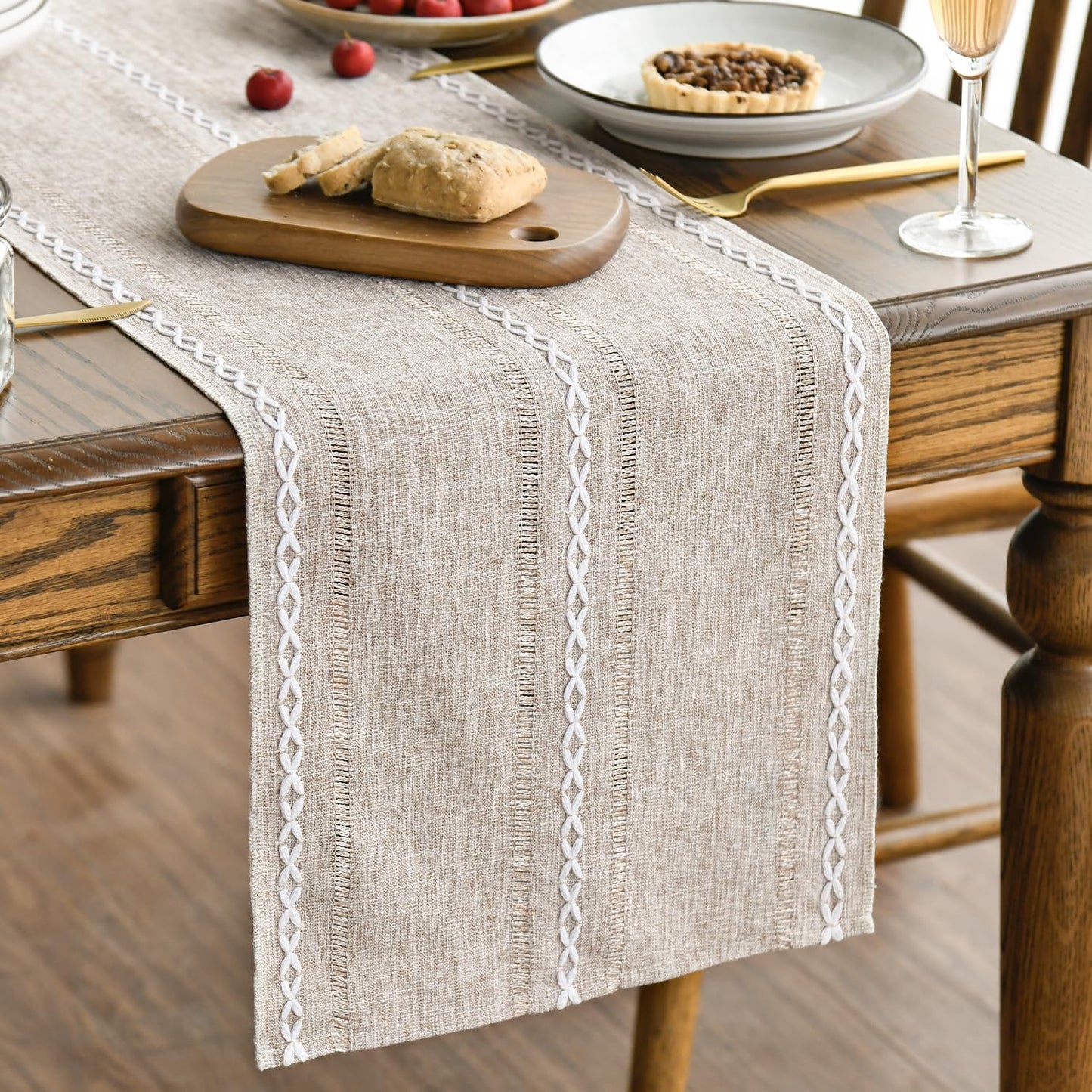 Artoid Mode Brown Rustic Cotton Linen Table Runner, Seasonal Embroidered Hollow Kitchen Dining Table Decoration for Home Party Decor 13x60 Inch