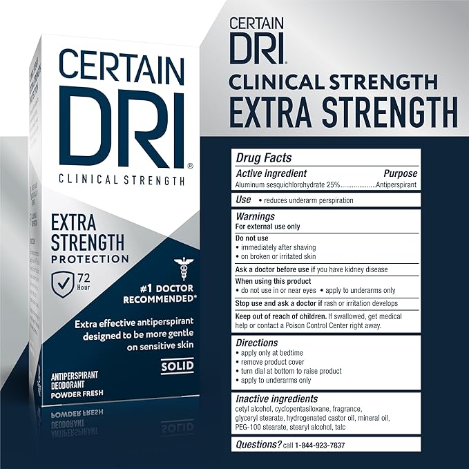 Certain Dri Extra Strength Clinical Solid Antiperspirant, 72-Hour Sweat & Odor Protection for Hyperhidrosis, Maximum-Strength, Powder Fresh Scent, 1.7 oz, (Pack of 3)