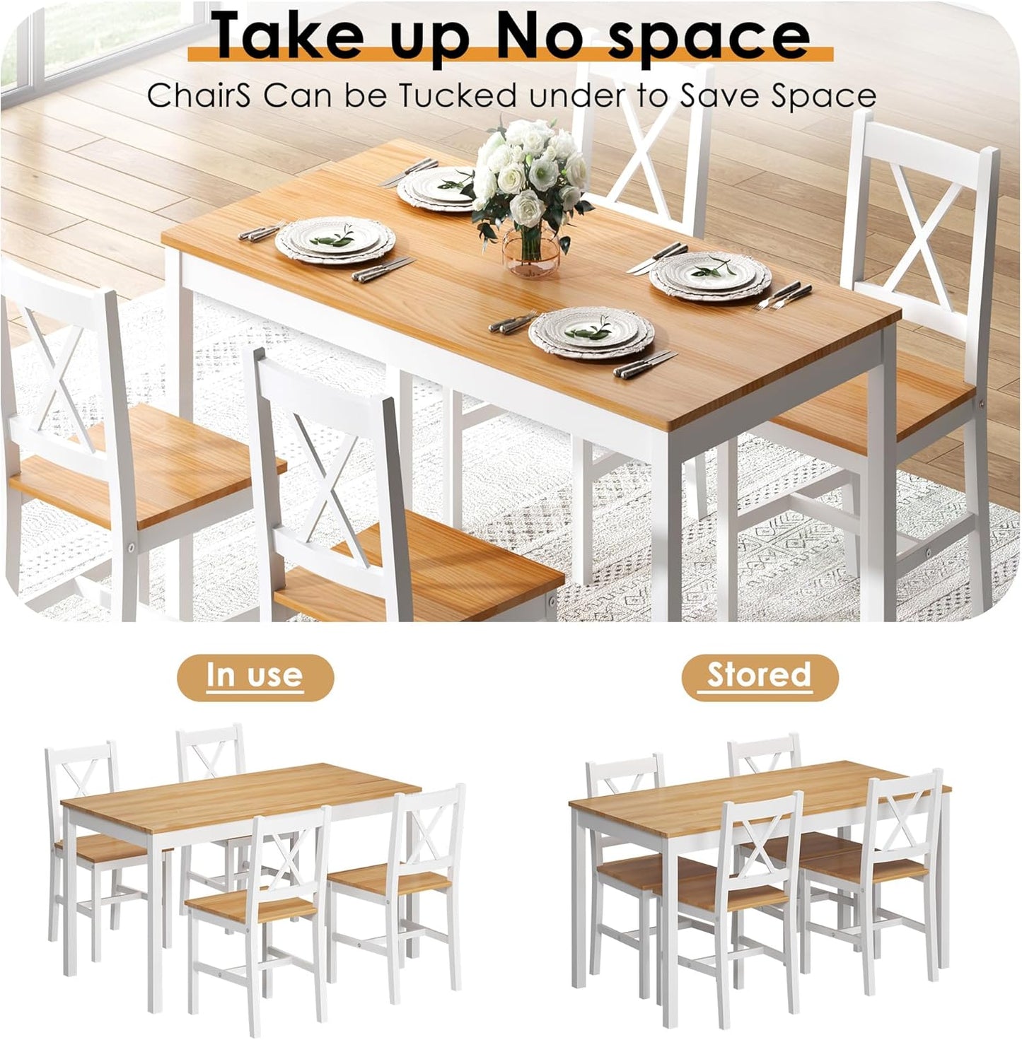 sogesfurniture Dining Table Set for 4，Dinette Set for 4 Small Space,5 Pieces Dining Table for Kitchen, Dining Room 47.5'', Pine Wood,Oak&White