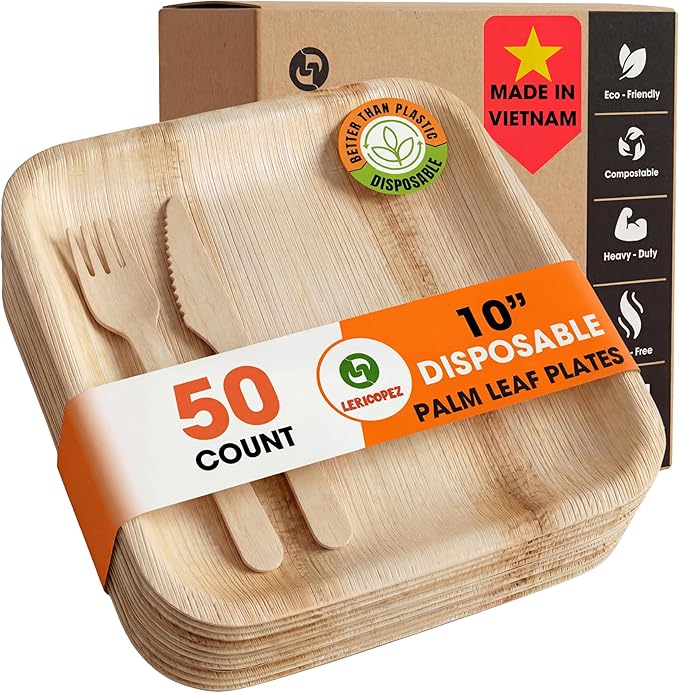 Palm Leaf Plates 10 Inch – 50 Pack Palm Plates with 50 Wooden Forks & 50 Knives – Bamboo Plates Disposable and Bamboo Dinner Plates for Weddings, Parties, Holidays, Christmas & New Year