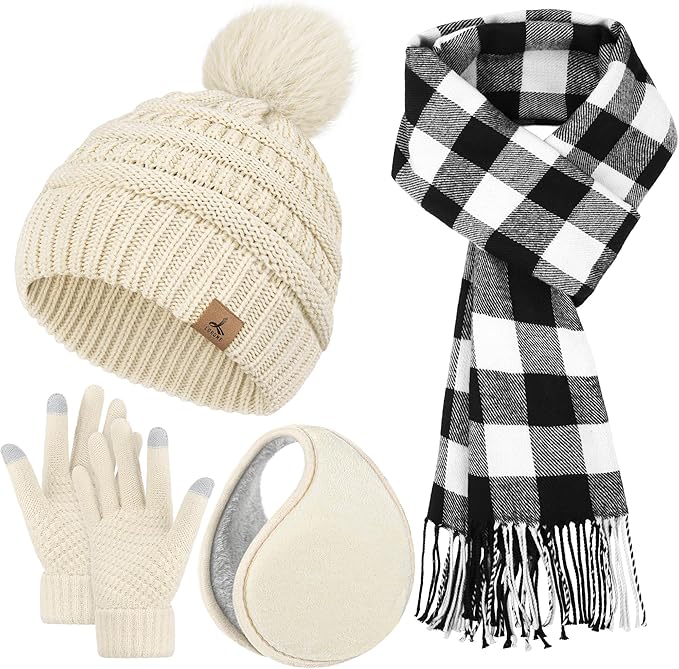 Winter Hat Scarf Gloves and Ear Warmer, Knit Warm Beanie Hat Touch Screen Gloves Long Knitted Plaid Scarf Set Gifts for Women