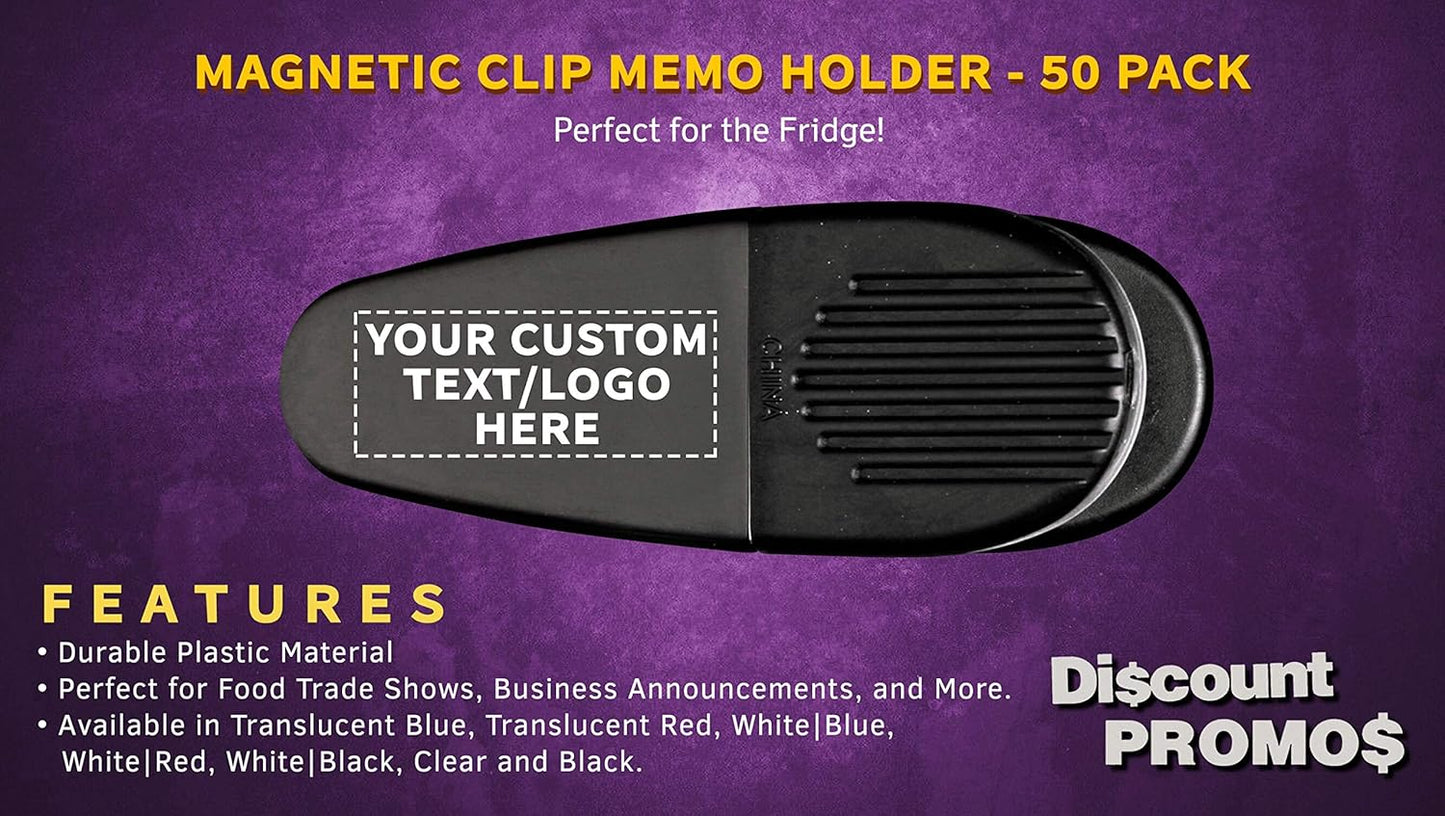50 Magnetic Memo Holders Set - Customizable Text, Logo - Large Clip, Plastic - Black