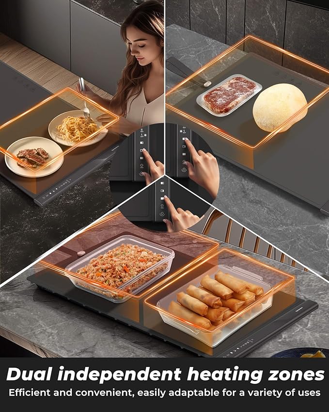 Food Warming Mat with Dual Heating Zones, 4 Temp Settings, Silicone Easy-Clean, Auto Shut-Off, Timer, Child Lock, Portable for Buffet, Party & Travel, 350W, 120V(AC), (Gray, Large)