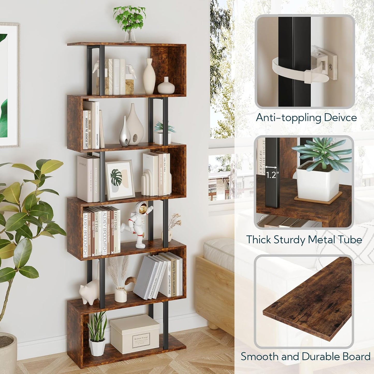 Yusong Geometric Bookcase, S Shaped Bookshelf 6-Tier Book Shelves for Bedroom, Modern Wood Decorative Display Shelf Tall Book Case for Home Office, Bown and Black