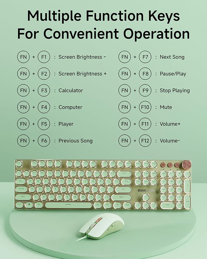EWEADN Wired Typewriter keyboard and Mouse Combo, Typewriter Style Mechanical Gaming Keyboard,104 Keys Backlit LED Keyboards, Media Control Knob, Wired Keyboard Pink Switch for Windows/Mac/PC-Green