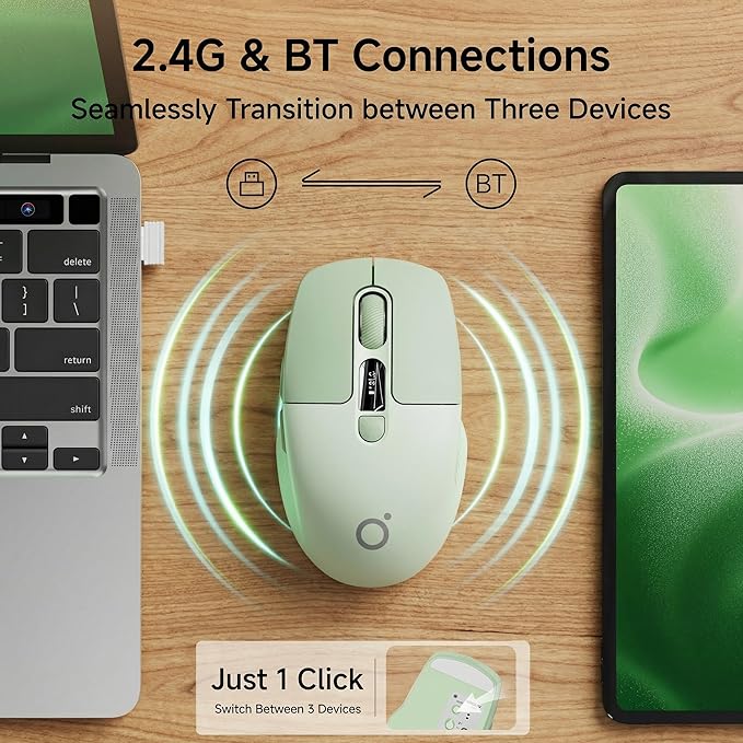 EWEADN Q1 Wireless Mouse, BT & 2.4G Silent Mouse Quiet Click with 1600 DPI Levels, Battery & DPI LED Screen Display, 6 Button Small Portable Bluetooth Mouse for Laptop/PC/Mac-Green