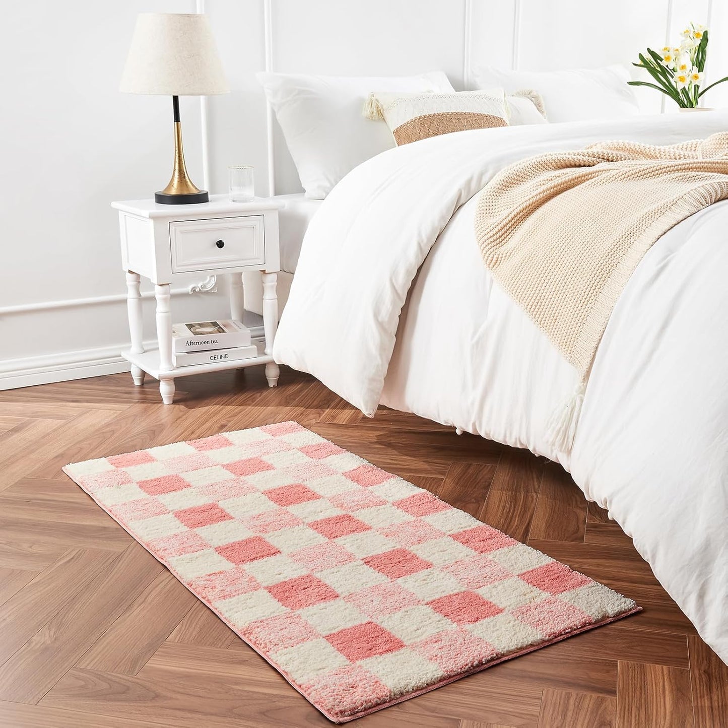 CozeCube Bath mats for Bathroom Non Slip, Fluffy Absorbent Microfiber Bath mat Washable, Aesthetic Bathroom Rugs, Long Blossom Pink Checkered Bath mat, Blossom Pink, 47" x 24"