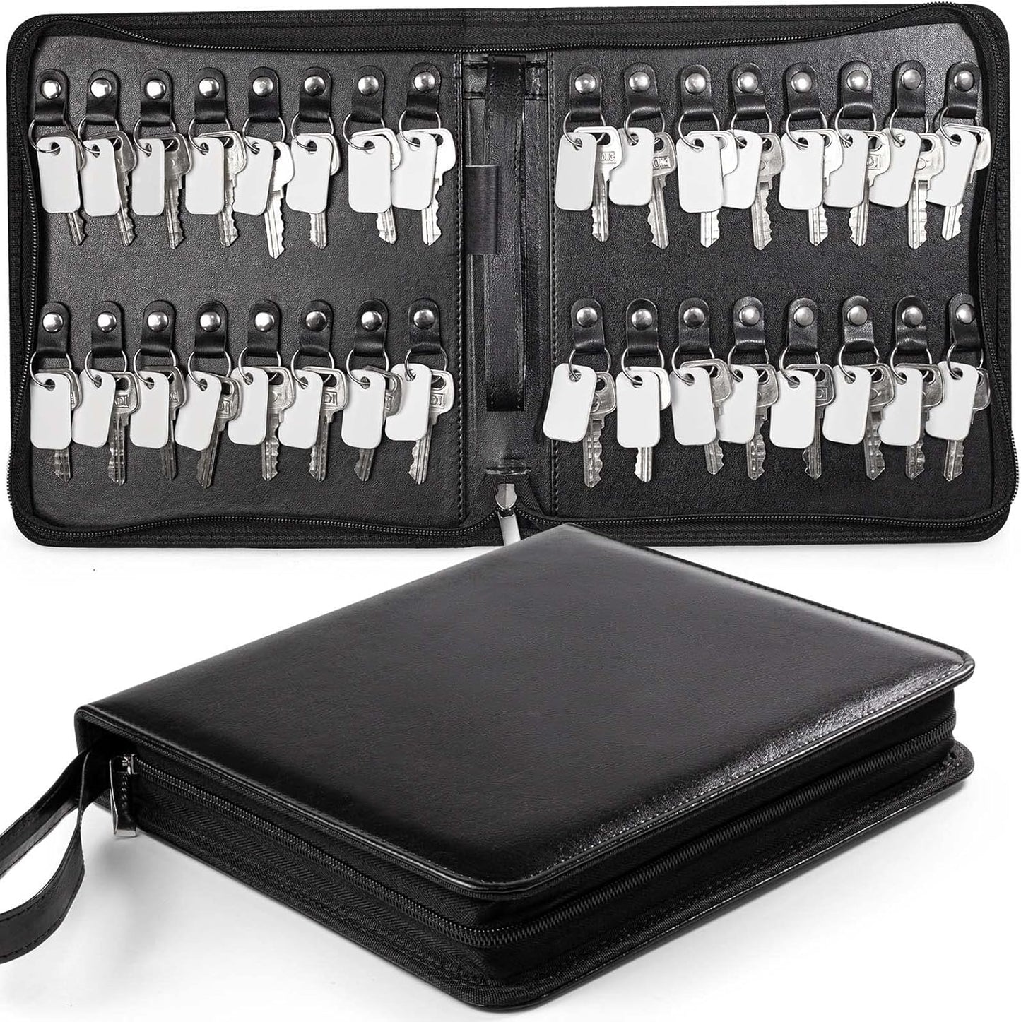 Portable Zippered Key Case, Leather Key Organizer with Handle, 32 Key Capacity, for Real Estate Sales, Hotel Executives, Car Service (Black)