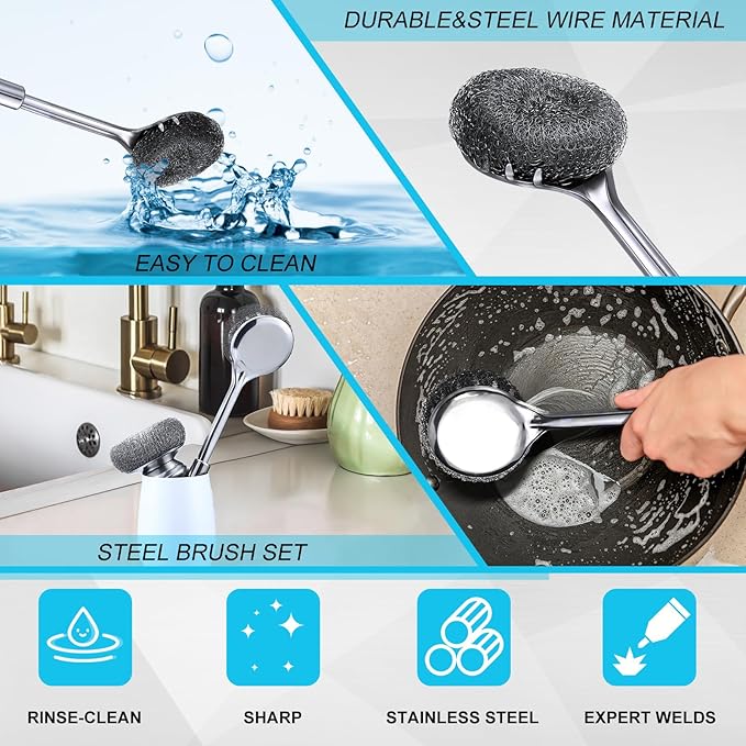 6 Pack Stainless Steel Scrubber with Handle, Silver Stainless Steel Pan Cleaner Deep Cleaning Scrubber for Dishes Tableware Home Kitchen Cast Iron, Stock Pots, Pans