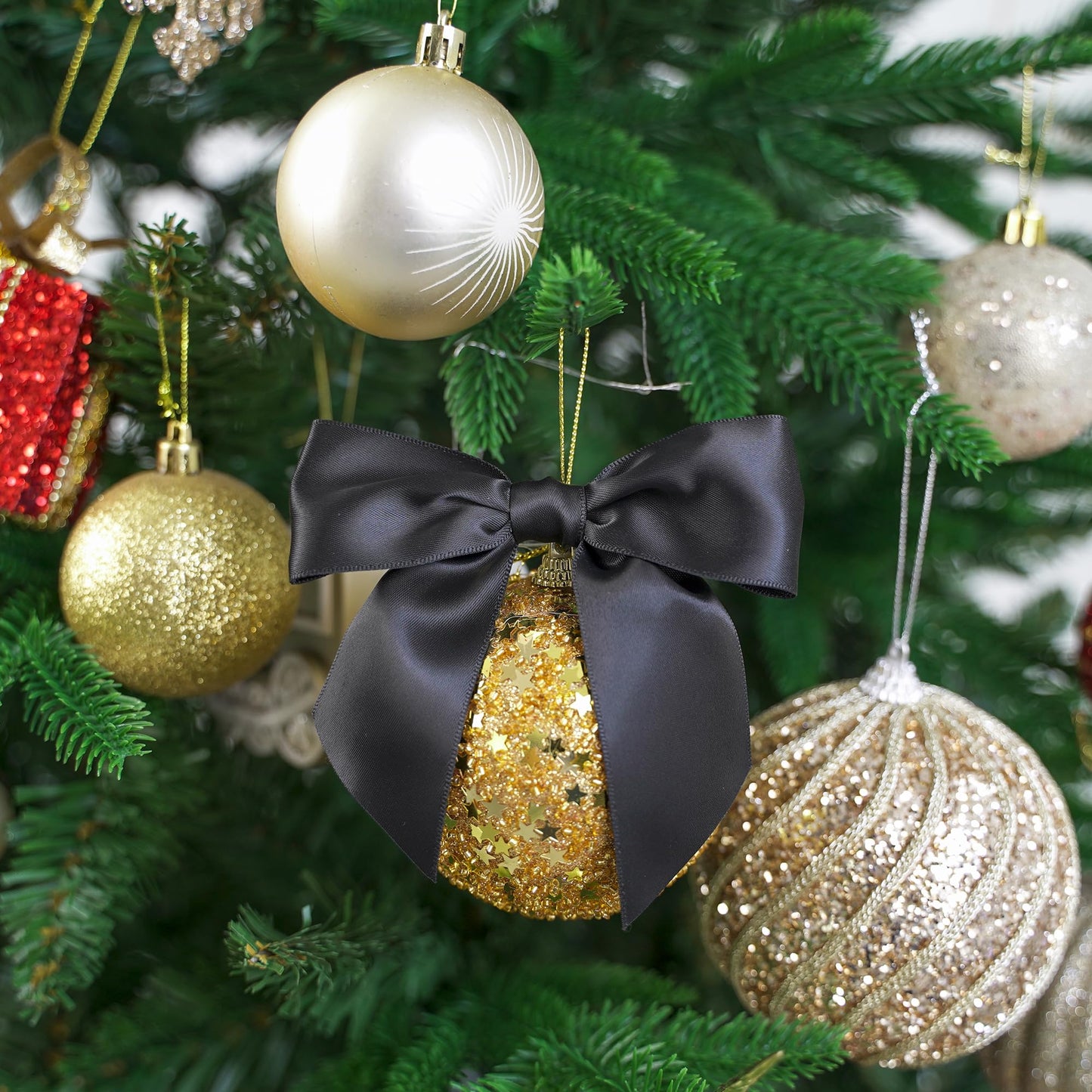 AIMUDI Black Satin Ribbon Twist Tie Bows for Treat Bags 4.5" Pre-Tied Black Bows for Christmas Tree Black Ribbon Bows for Crafts Premade Bows for Gift Wrapping Baby Shower Party Favors - 36 PCs